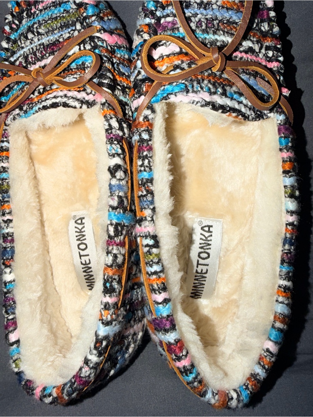 Minnetonka Multicolor Knit Moccasin Slippers with Faux Fur Lining